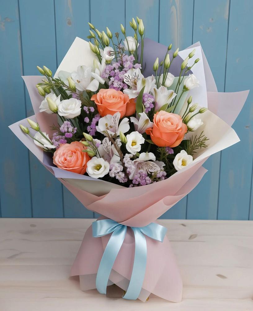 Букет цветов из: Лизиантусы, Розы, Альстромерии и Гипсофила в Медведь